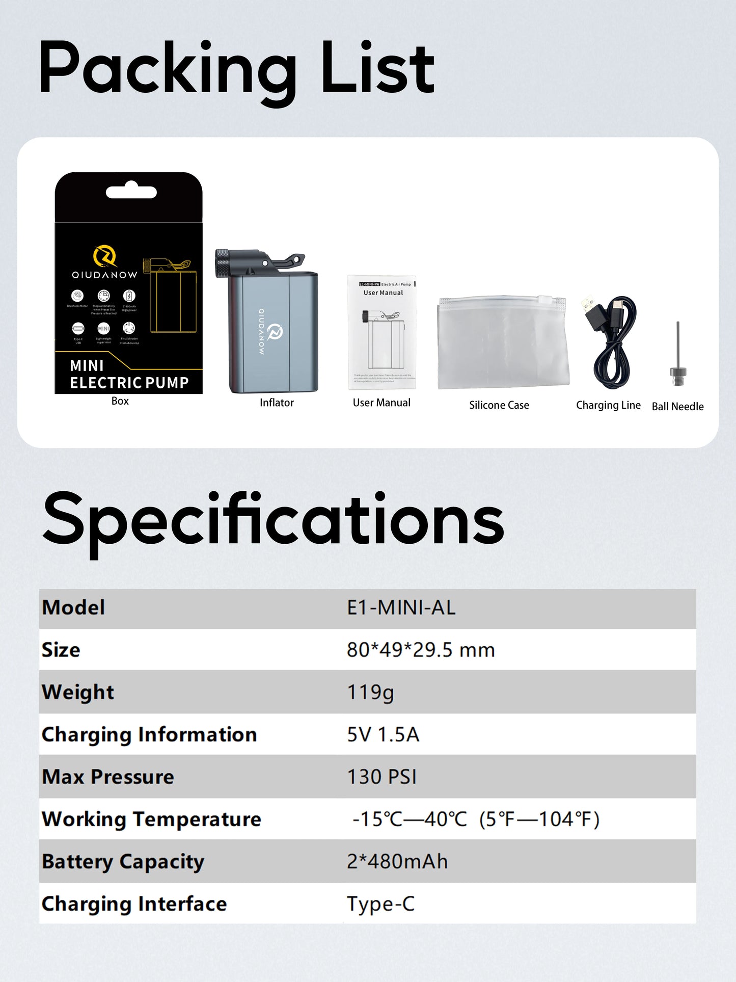 130 PSI Mini Portable electric Bike Tire Air pump Schrader & Presta Value Compatible with Type-C charging