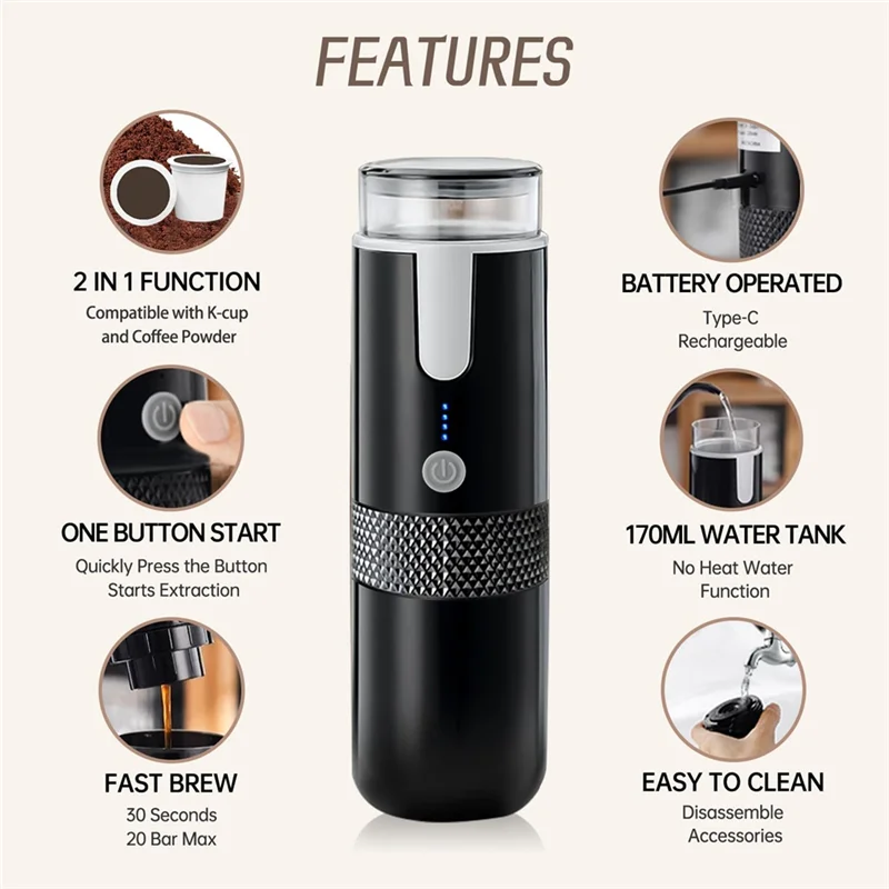 -A96P Portable Espresso Maker, Electric Travel Coffee Machine For Office Travel Camping Fit Coffee Powder & Coffee Capsule