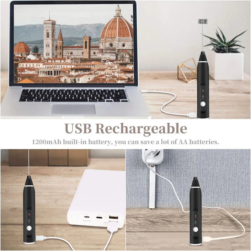 Portable Electric Milk Frothers Wireless Rechargeable Handheld Blender Egg Beater with USB Mini Whisk Mixer for Coffee Cream