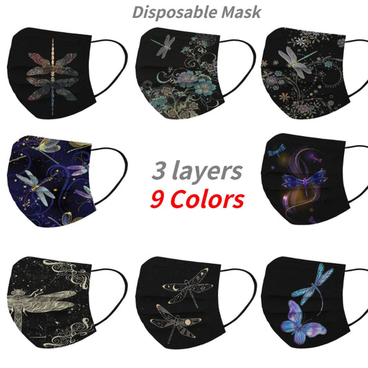 10pcs Face Mask Adult Women Man Colorful Dragonfly Printed Disposable Mouth Mask 3ply Filter Ear Loop Face Sheild Mascarar
