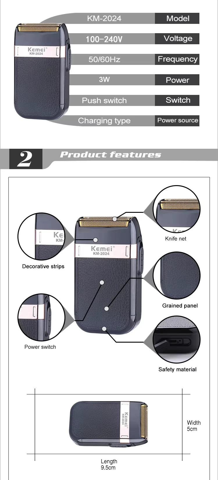 Kemei KM-679 Mini Portable Electric Hair Clipper KM-2024 Men's Reciprocating Twin Blade Razor Shaver Beard Trimmer Shaving Machi
